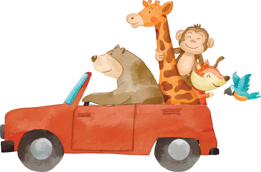 Watercolor style animals ride a car